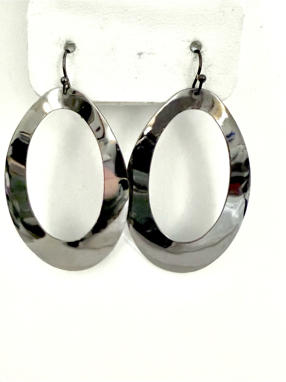 Silver Tone Open Oval Dangle Earrings 2.5 In Polished Modern Statement Drop Pair